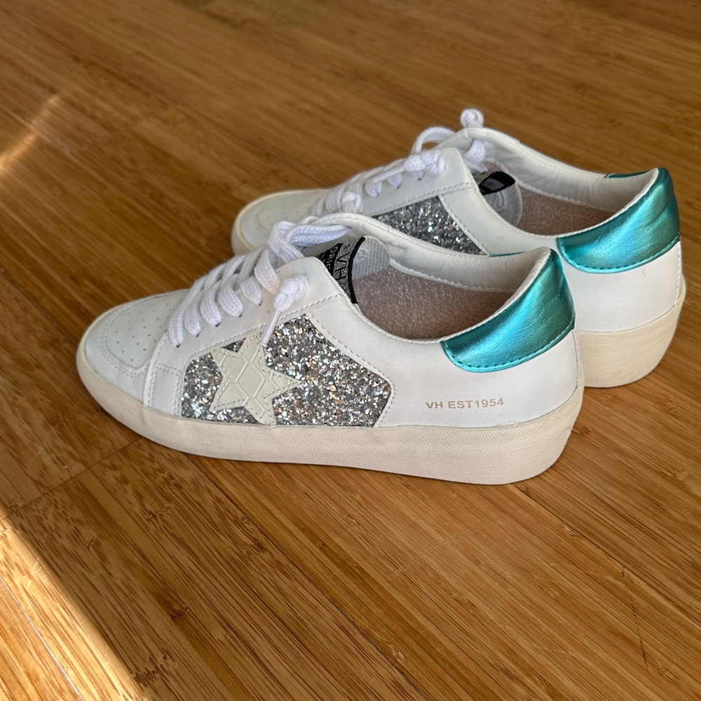 Vintage Havana White Sneakers with Silver Glitter and Blue Accents